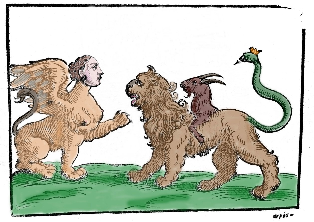Sfinga proti Chiméře po mytologii Patavia 1637 od Unknown artist