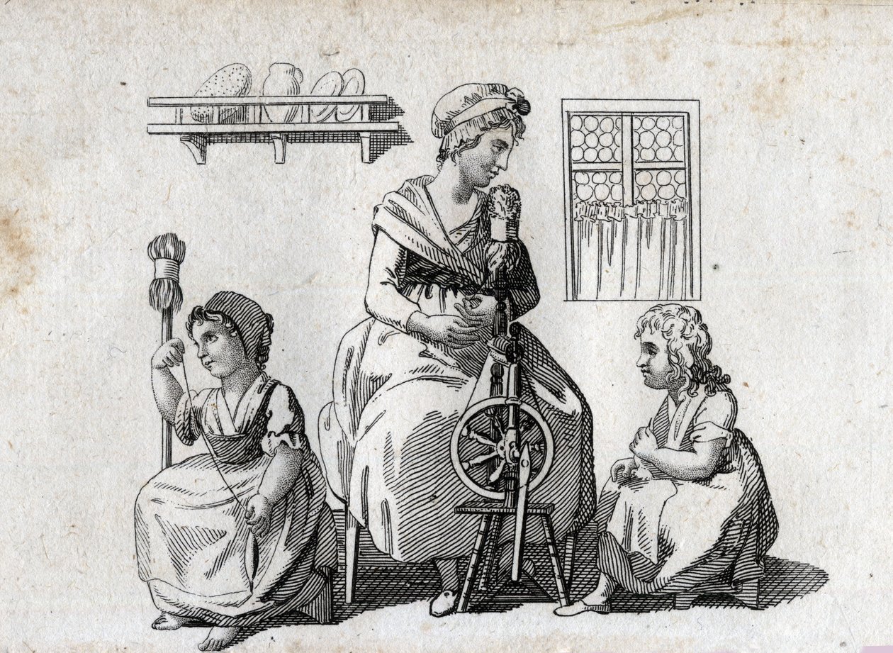 Předení: matka a její dcery předení vlnu. Žena používá kolovrat a její dcera orobinec. Koncová rytina 18. století. Soukromá sbírka. od Unknown artist