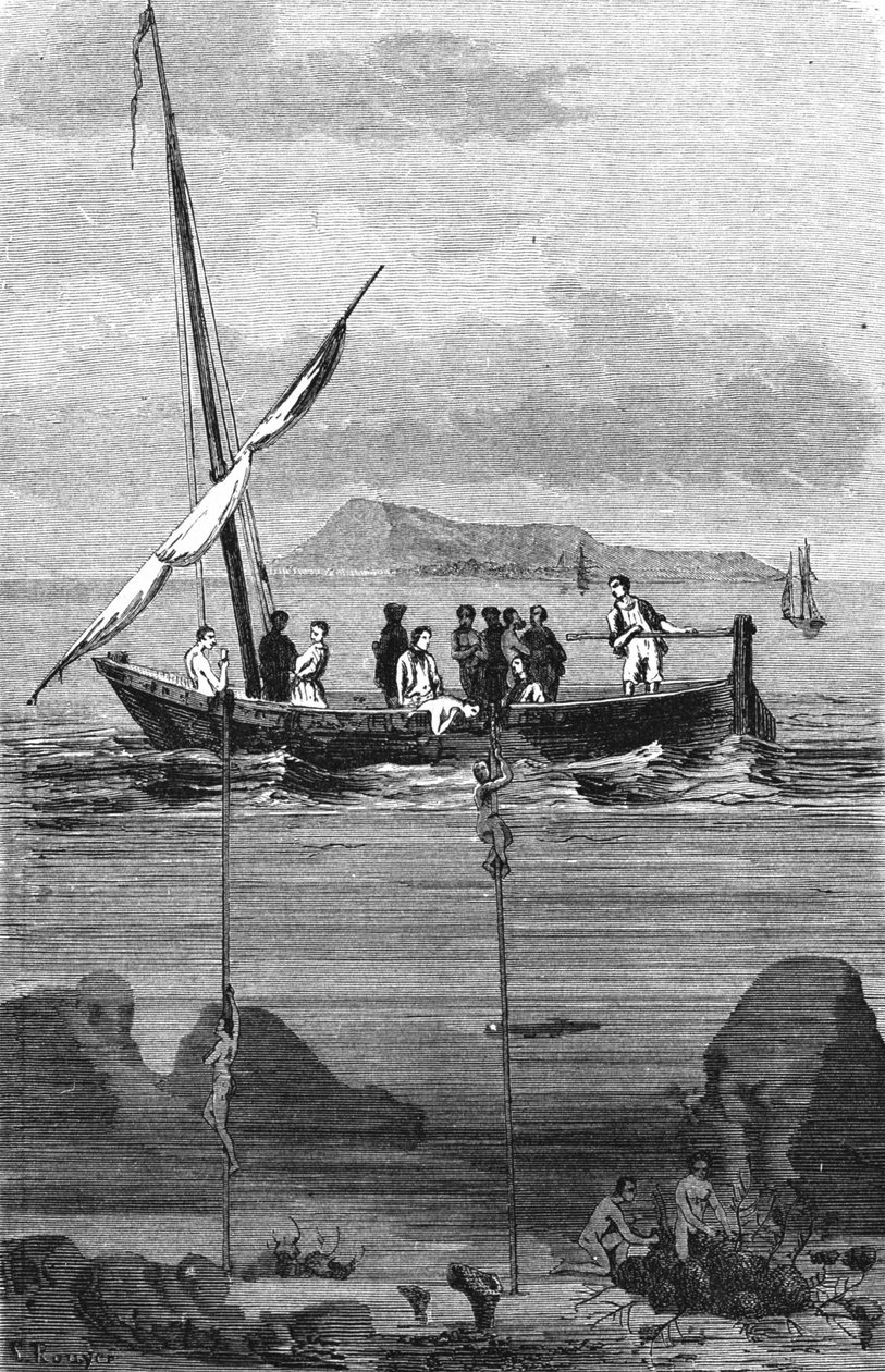 Houbaření podél pobřeží Sýrie: potápěči sestupují, aby houby sbírali ručně. Rytina 19. století od Unknown artist