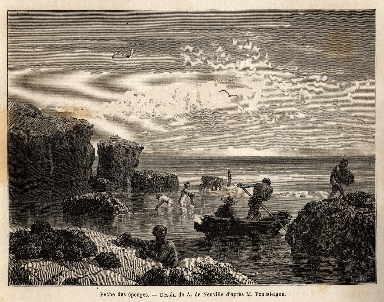 Rybaření houbami Islanders of Anastasia Island, nízká klisna, ženy a děti se shromažďují mezi kameny a muži se nalodí na kánoe, aby se potopili a získali je na dně moře. Rytina k ilustraci příběhu čtyři měsíce na Floridě, od Achille Po od Unknown artist
