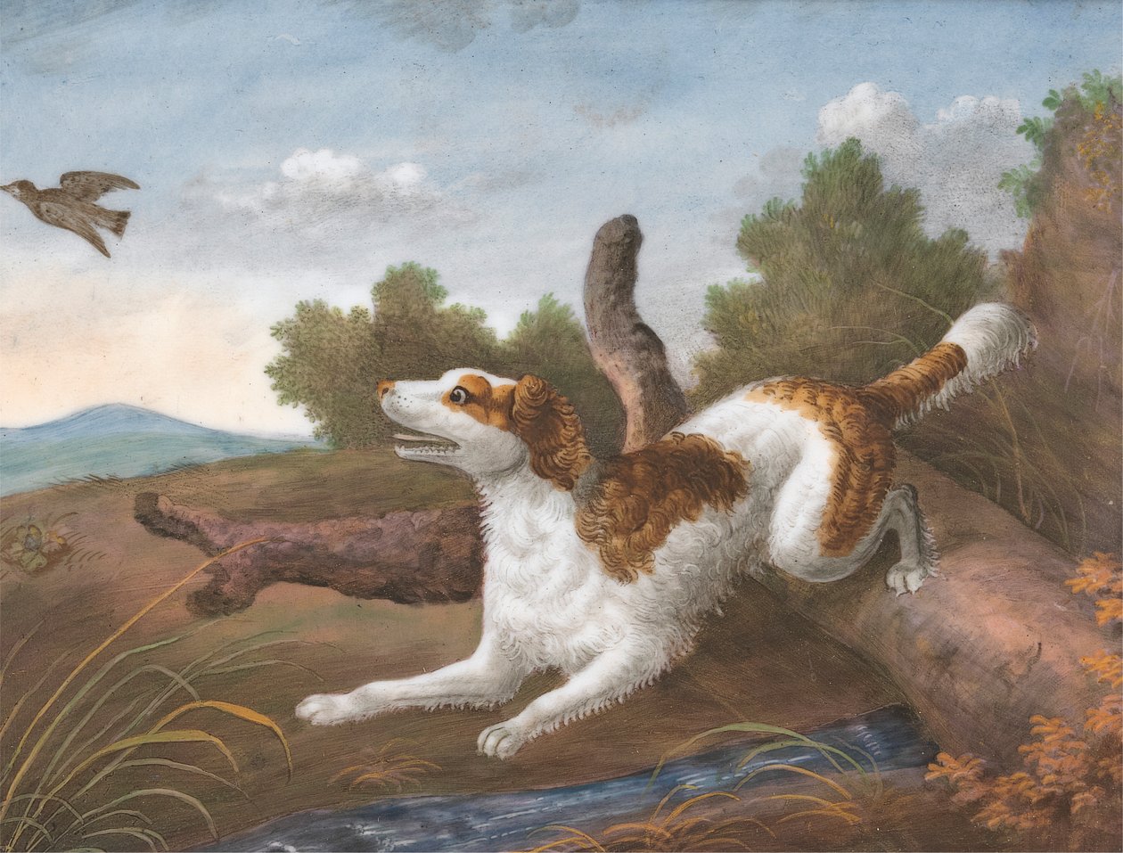 Springer: Spaniel skákající přes kládu, aby vyskočil Snipe nalevo od Unknown artist