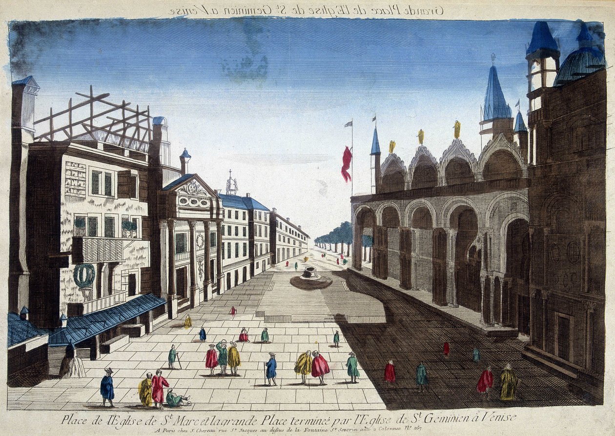 Náměstí kostela sv. Marka a Velké náměstí zakončené kostelem sv. Geminiána v Benátkách. Rytina 18. století. od Unknown artist