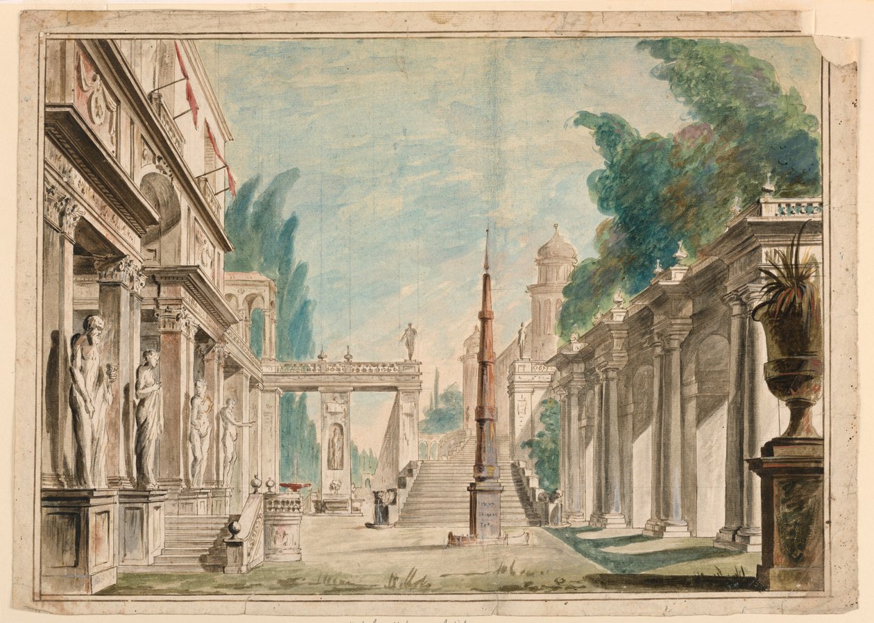 Scéna, budova přilehlé scenérie parku od Unknown artist