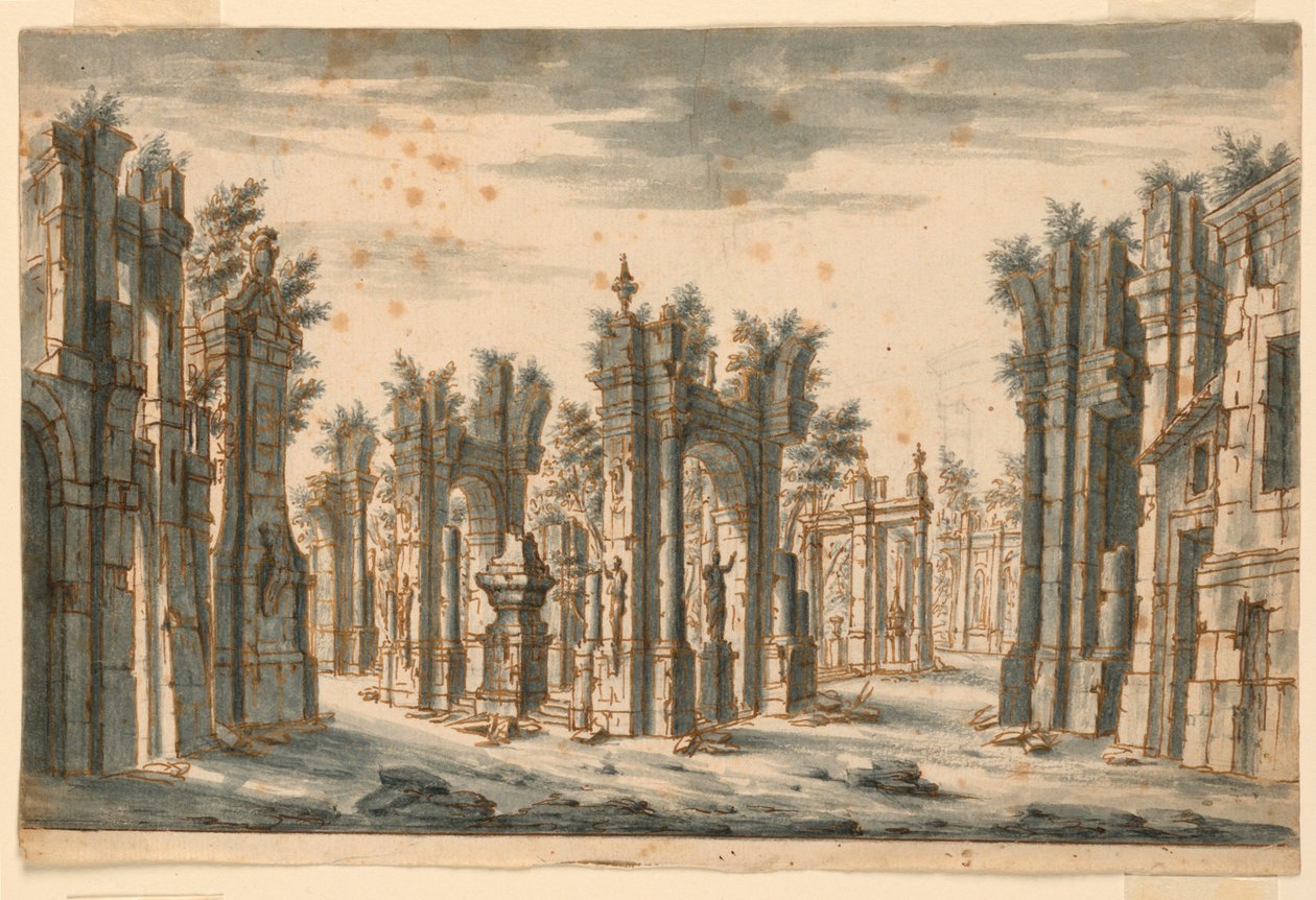 Scénický design, skupina budov v ruinách od Unknown artist
