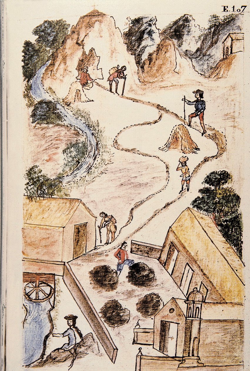 Etapy výroby kovu z dolů do nákladu, z knihy "Trujillo del Peru" nebo "Códice Martínez Compañón", od Baltazara Martineze Compañóna y Bujandy, biskupa z Trujillo (1782-1785) od Unknown artist