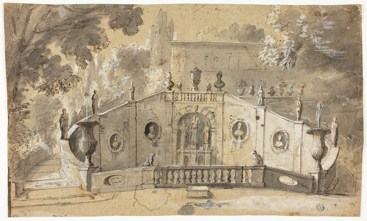Schodiště a fontána (recto); Sedící mužský akt z profilu doleva, dívá se nahoru (verso) od Unknown artist