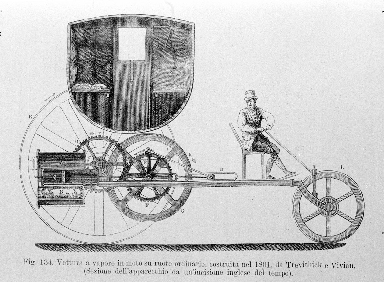 Parní vůz namontovaný na obyčejném, postavený v roce 1801 Trevithickem a Vivian. Rytina 19. století. od Unknown artist