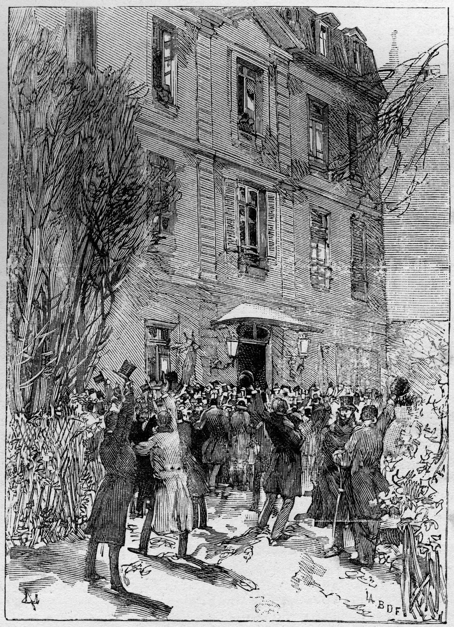 Studentská demonstrace na počest Michela Eugena (Michel-Eugene) Chevreula (1786-1889) (děkana studentů Francie) v Jardin des Plantes v Paříži. Rytina v „The Illustrous World““ 1885. od Unknown artist