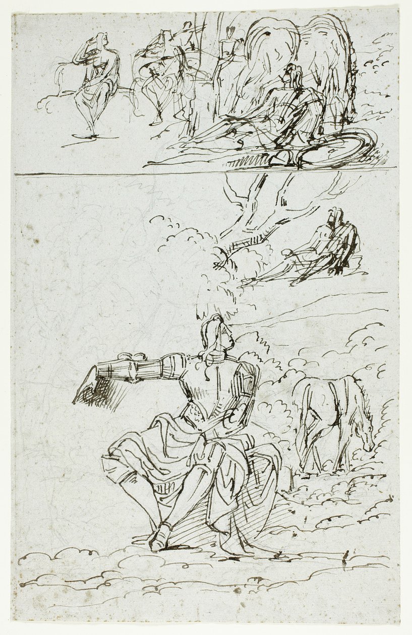 Studijní list se sedícím rytířem (recto); stojící mužská postava ve středověkém oděvu (verso) od Unknown artist