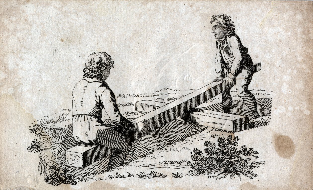 Houpačka: dvě děti na pásce na tupo (páska na tupo) Rytina z konce 18. století. Soukromá sbírka. od Unknown artist