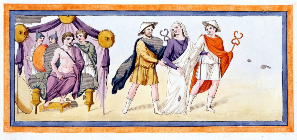 Talthybios a Eurybates vezmou panenskou Briseis před Achilla, který stojí ve stanu Myrmidonů. Ilias Chant I, v 345. Rytina z konce 18. století. od Unknown artist