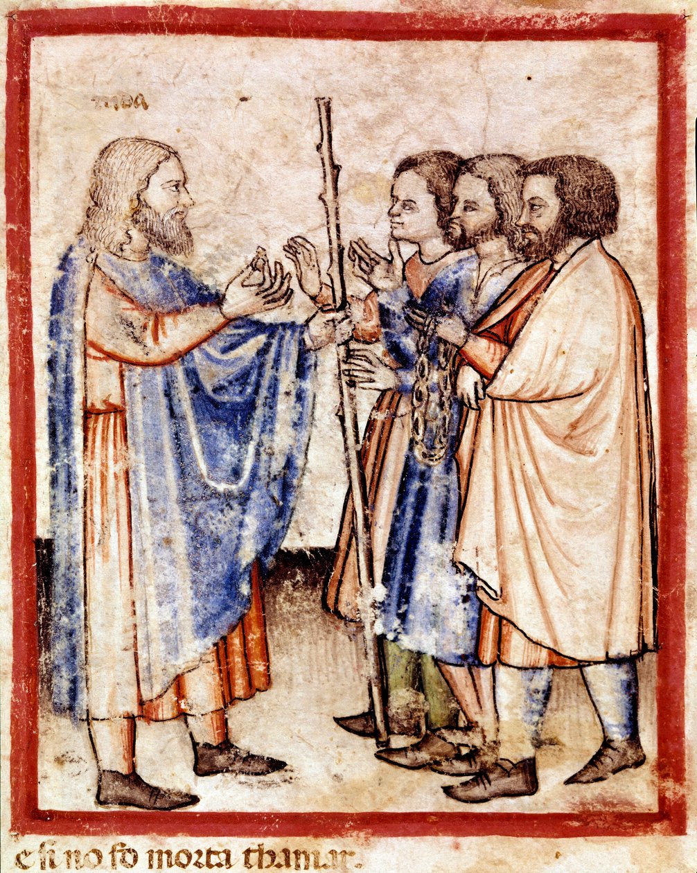 Tamar předkládá Judovi pečeť, šňůru a hůl, kterou nechal jako záruku, miniaturu z kodexu 212 (nebo padovanského kodexu nebo Bible Padovy) 1390-1400 (vellum) od Unknown artist