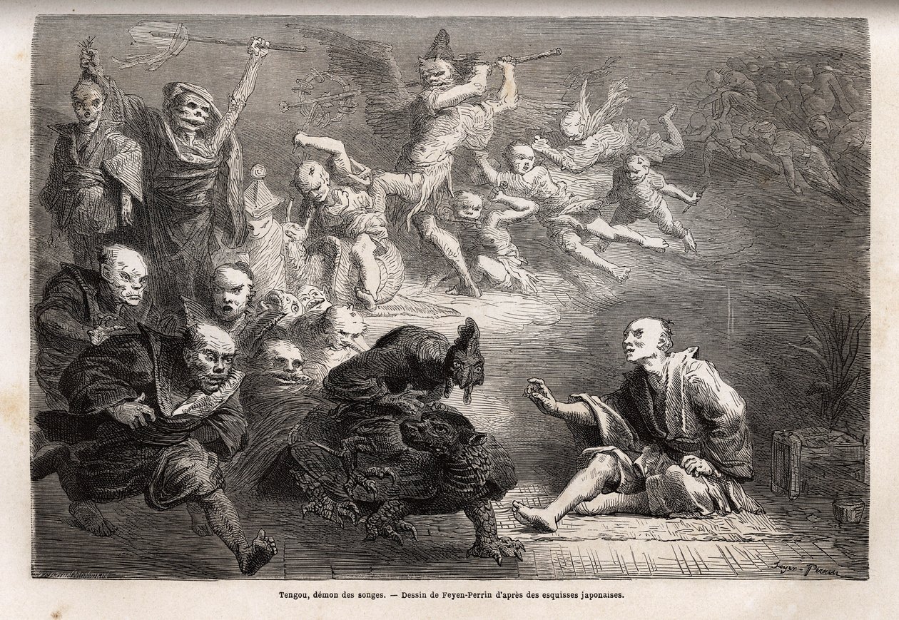 Tengu neboli démon snů, menší bůh japonského folklóru, zoomorf, má podobu havrana, obdařeného magickými silami, je v Japonsku oblíbeným tématem umění, divadla a literatury. Rytina k ilustraci plavby do Japonska v letech 1863-1864 od Aim od Unknown artist