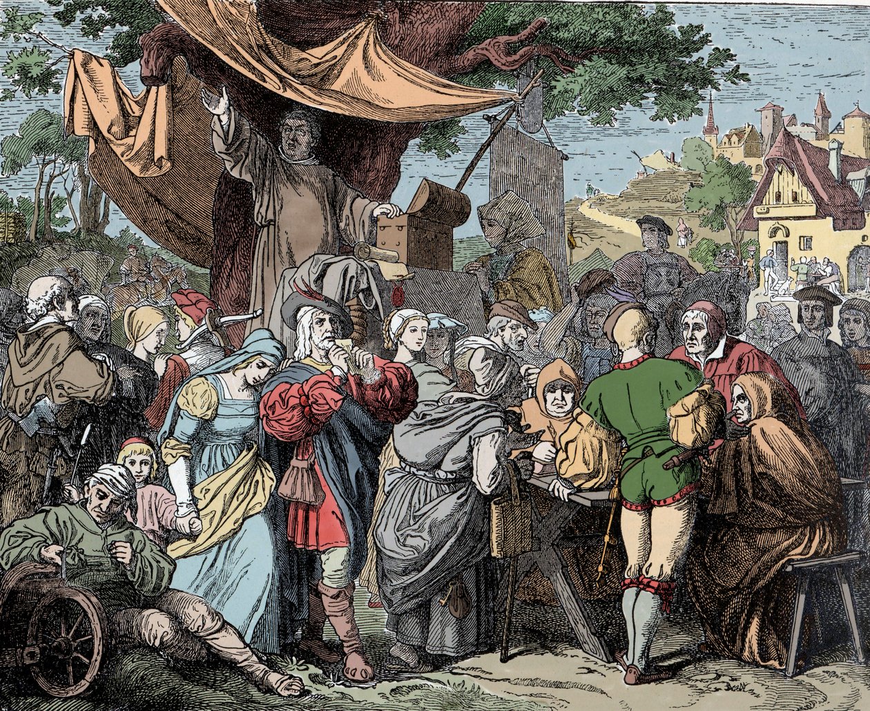 Tetzel prodávající odpustky - Johann Tetzel (1465-1519), německý dominikánský kněz, prodává odpustky na stavbu baziliky svatého Petra v Římě, kolem roku 1515 od Unknown artist