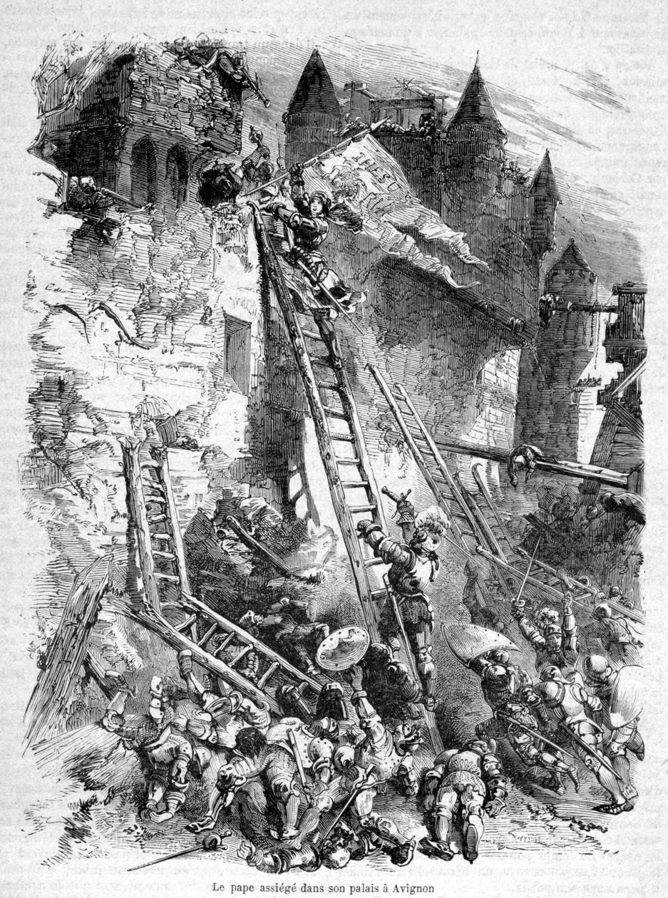 (Proti-)papež (Benedikt XIII.) obležený ve svém paláci v Avignonu (skupinou papeže Bonifáce IX.) - v „Dějinách papežů, králů, královen, císařů, napříč staletími“ od Maurice Lachatre od Unknown artist