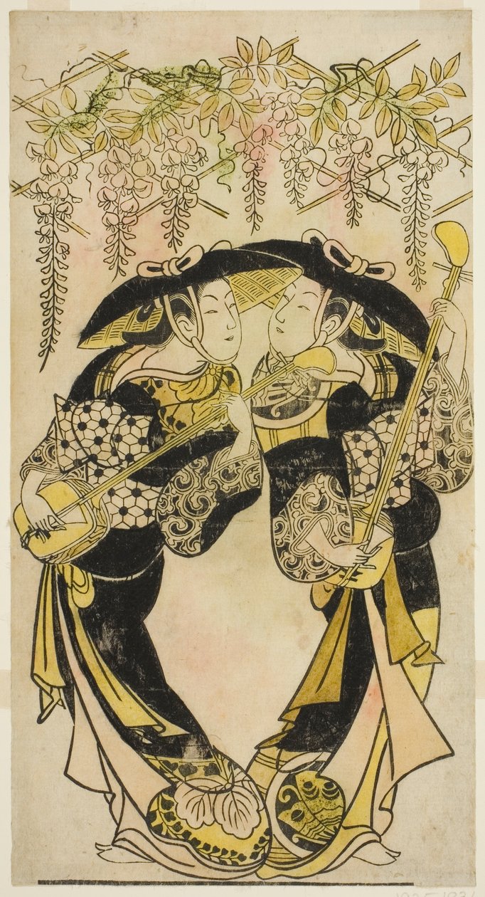 Herci Sanjo Kantaro (vpravo) a Fujimura Handayu (vlevo) jako hudebníci hrající pod vistárií od Unknown artist