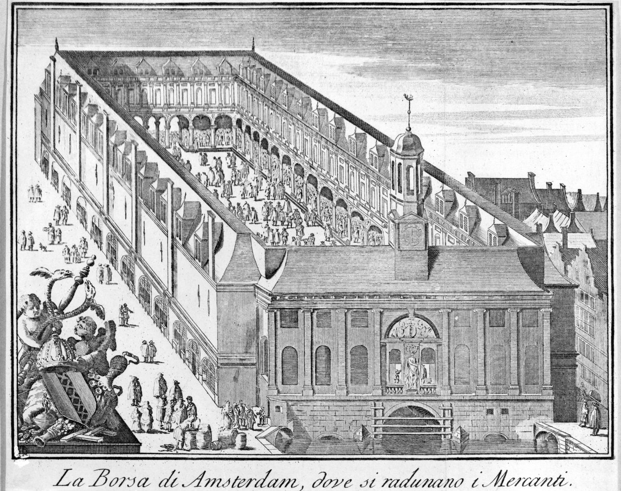 Amsterdamská burza, kde se shromažďují obchodníci. 18. století rytina. od Unknown artist