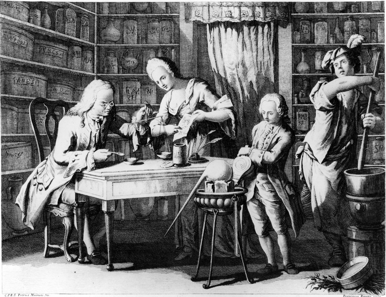 Lékárník. 19. století rytina. od Unknown artist