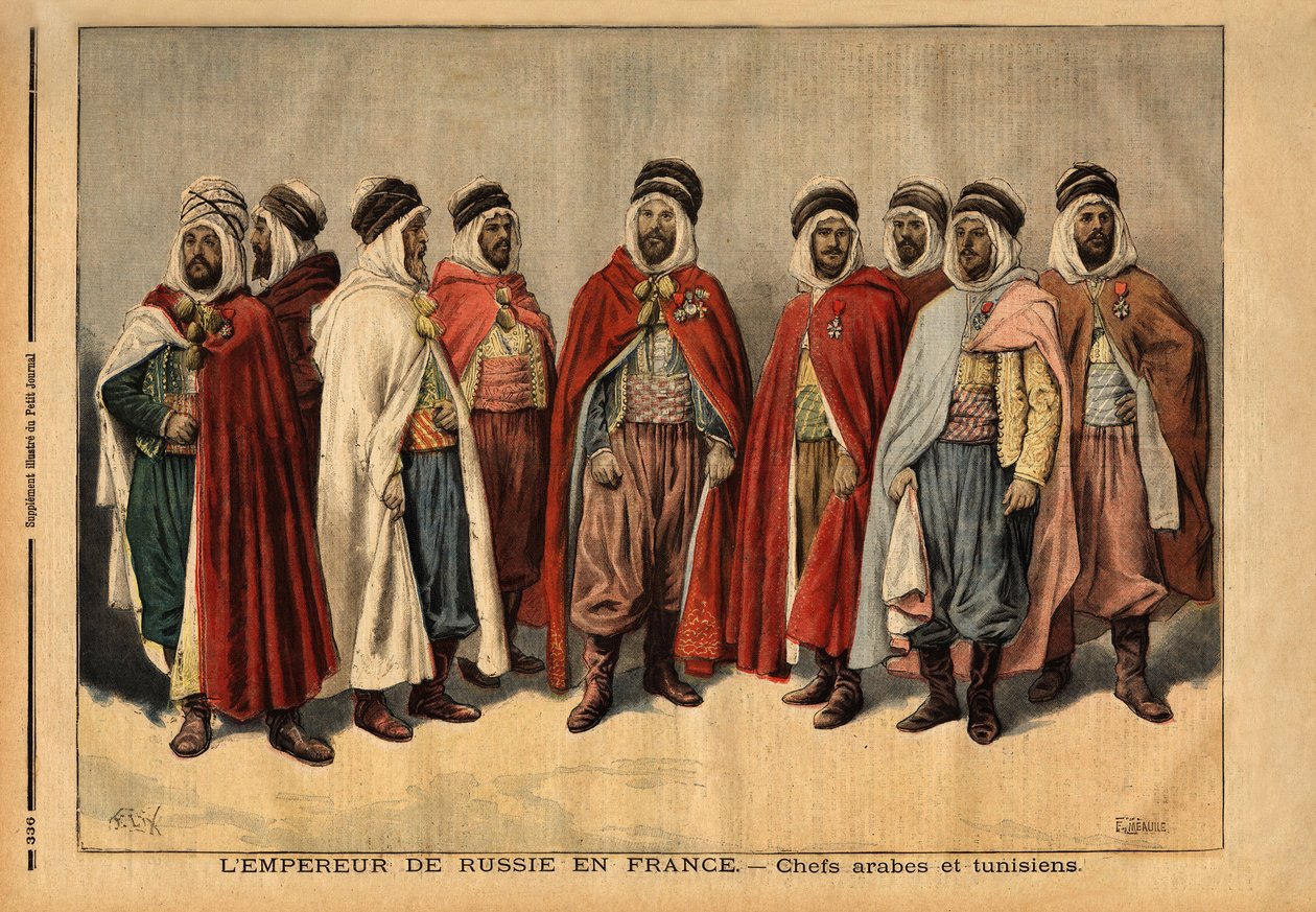 Arabští a tuniští náčelníci, pověření čestnou stráží cara Mikuláše II., na návštěvě Francie. (Si Hamza, hlava sidi šejků Uleds; Si Mohammed ben Gana, agha ze Zibanů; Si Ferhat Mouly, caid z Beni Maaida; Si Lakdan, agha z Larbaa od Unknown artist