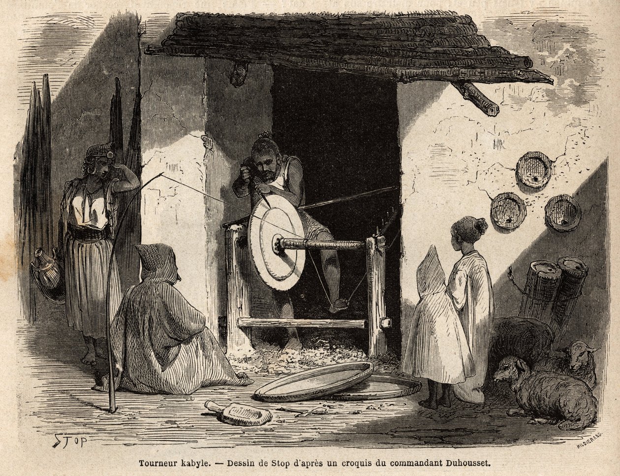 Artisan Turner Kabyle ve své dílně vyrábí obrovský dřevěný byt, který se používá pro všechny účely, domácí i zemědělské, v Kabylii (Alžírsko). Rytina pro ilustraci exkurze do velké Kabilie, mezi Středozemím a Djurjura, v roce 186 od Unknown artist