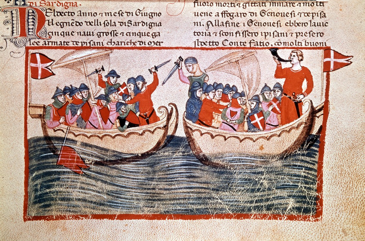 Bitva o Melorii, která vyvrcholí obsazením Korsiky Janovem. 1284. Rukopis. Biblioteca Vaticana od Unknown artist