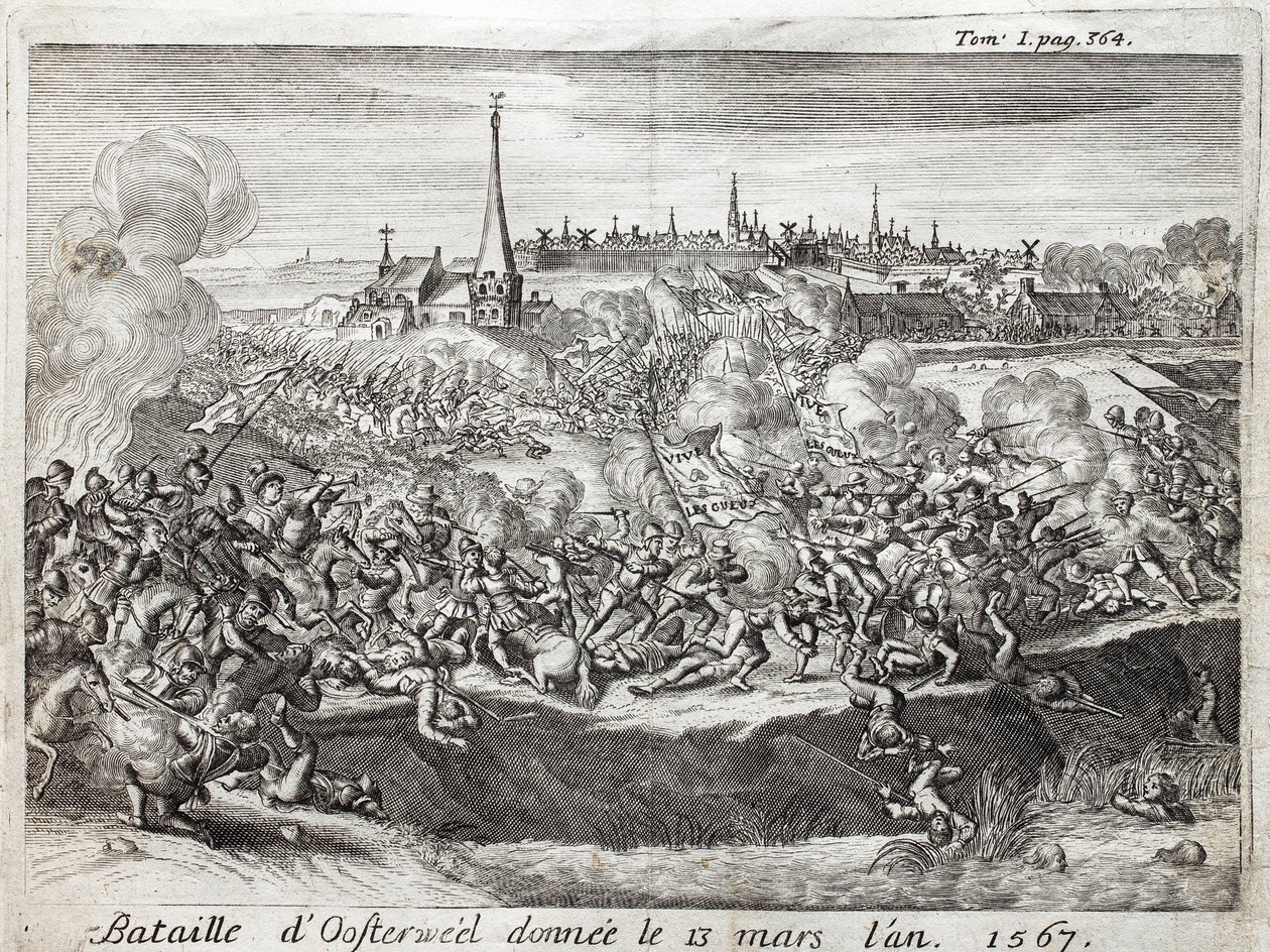 Bitva u Oosterweel (Nizozemsko, Nizozemsko), která se konala 13. března 1567, první konfrontace války osmdesáti (osmdesáti) let (1567-1648). Rytina k ilustraci „Historie války o Flandry“, od Flamianus Strada, vydání Joseph T