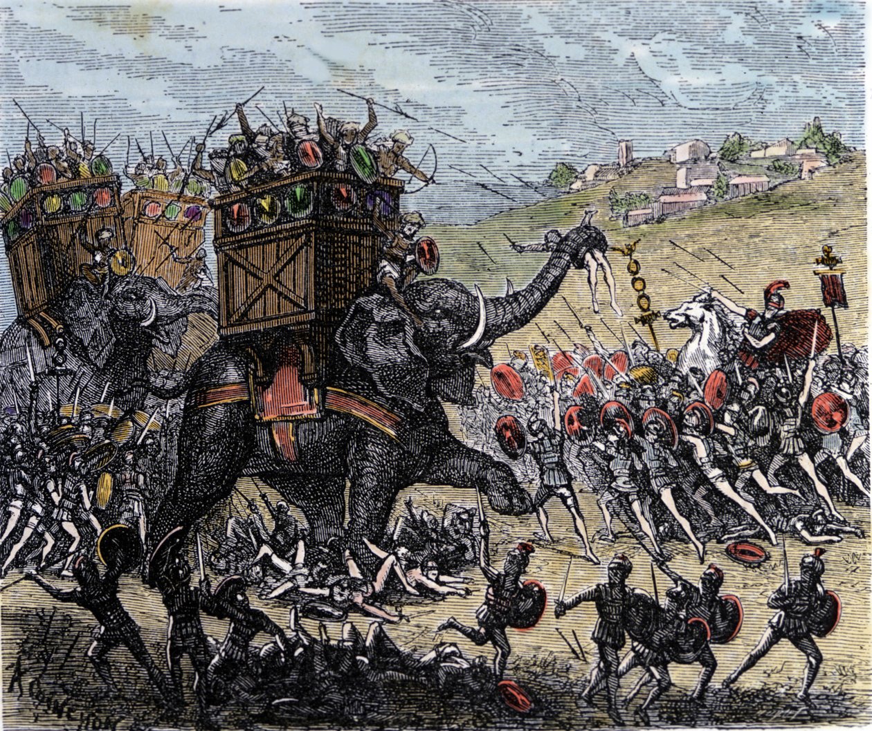 Bitvu u Zamy (Afrika, druhá punská válka, 202 př. n. l.) vyhrál Afričan Scipio nad vojsky Hannibala Barcy. od Unknown artist