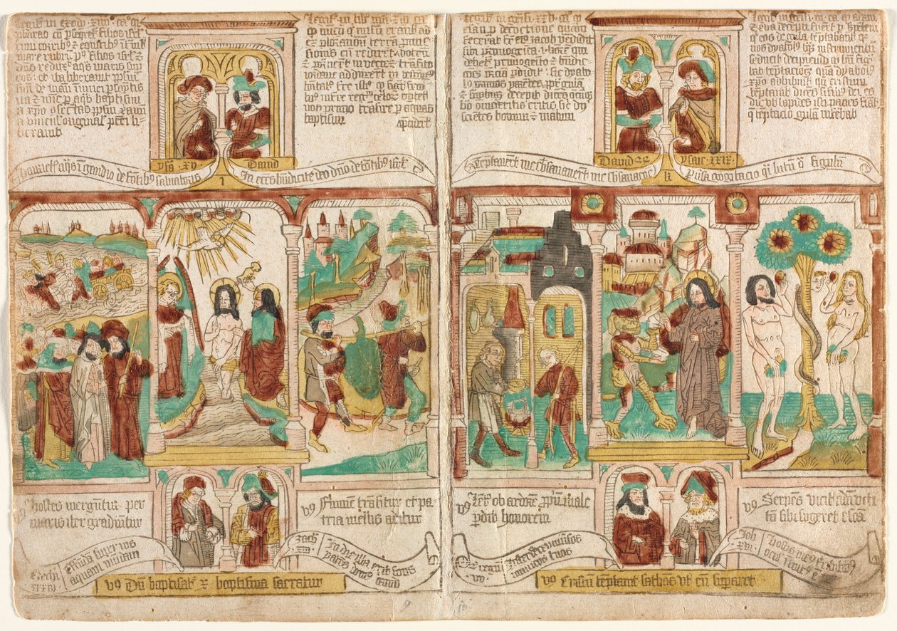 Bible chudých (Biblia Pauperum), Faraonova armáda se utopila v Rudém moři; Křest Kristův; a Mojžíšovi špióni vracející se s hrozny z Kanaánu Ezau prodává Jákobovi jeho prvorozenství; Pokušení Krista; a Pokušení Adama a Evy od Unknown artist