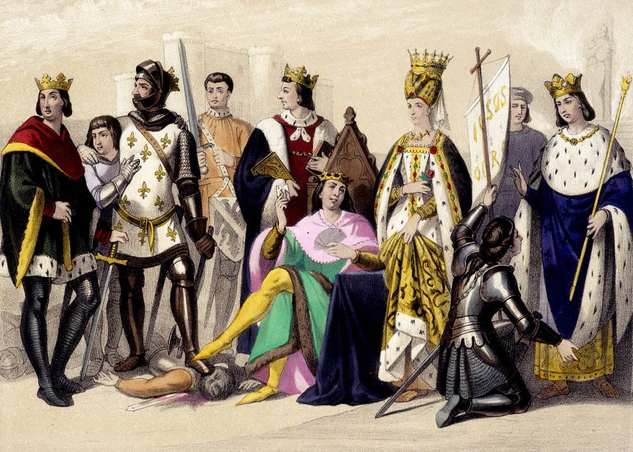 Kapetovci z Valois v letech 1328 až 1422. Filip VI., Jan II., Karel VI., Isabeau (Isabella, Alžběta) Bavorská, Johanka z Arku, Karel VII. Rytina 19. století. od Unknown artist
