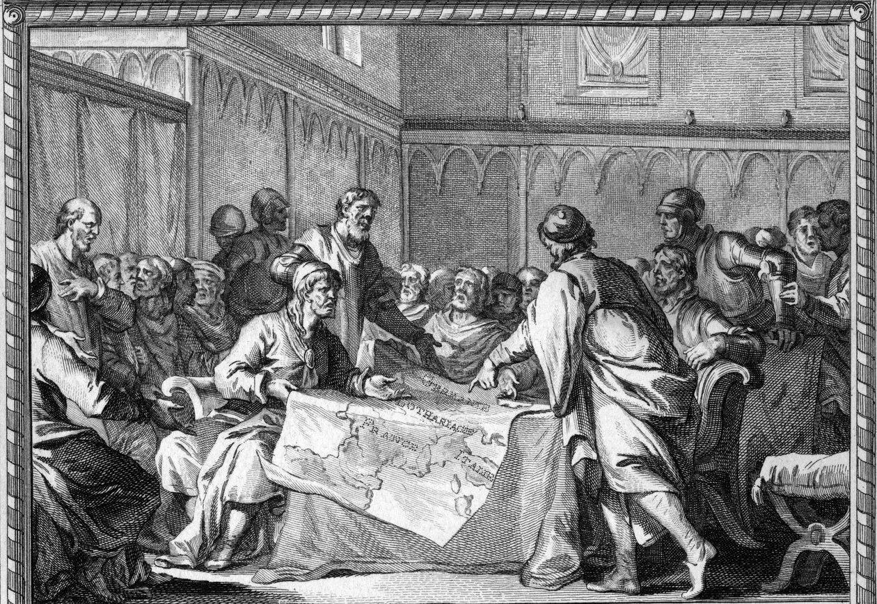 Karolinská říše byla rozdělena mezi tři syny Ludvíka Zbožného: Lothaire I., Ludvík Germánský a Karel Plešatý podle smlouvy z Verdunu (843). Rytina 18. století. od Unknown artist