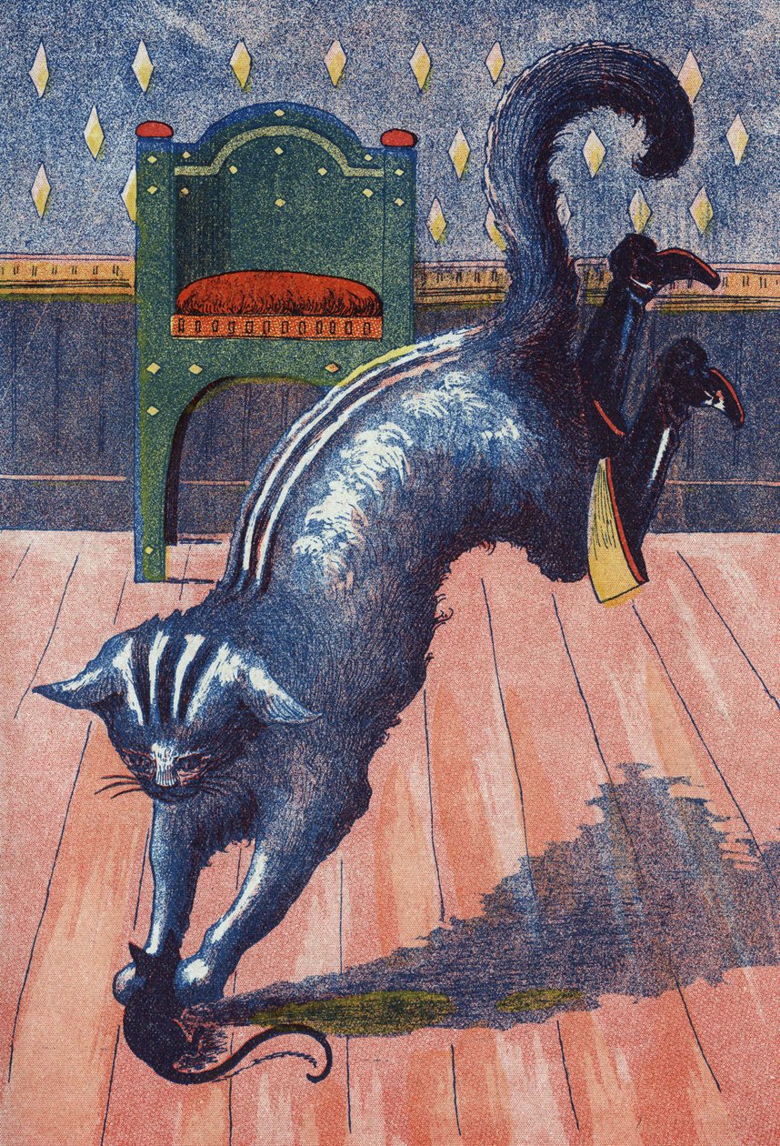 Kočka vrhá na zlobra se mění v myš. Ilustrace k „“Le chat Botte“, příběh Charlese Perraulta (1628-1703), francouzského spisovatele. Anonymní ilustrace. Snímky Marcel Vagne, Jarville Nancy, nedatováno (konec 19. století). od Unknown artist