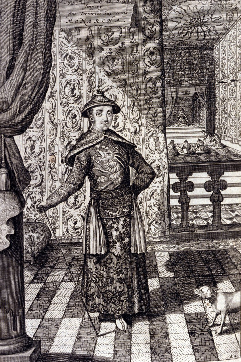 Čínský císař a nejvyšší vládce Tatarů - čínský císař Kangxi (1652-1722) dynastie Čching, rytina Athanasius Kircher (1601-1680) z „“ China Monumentis, qua sacris qua profanis“““ 1667 – čínský císař Kangxi (16522 -1722) dynastie Čching, od Unknown artist