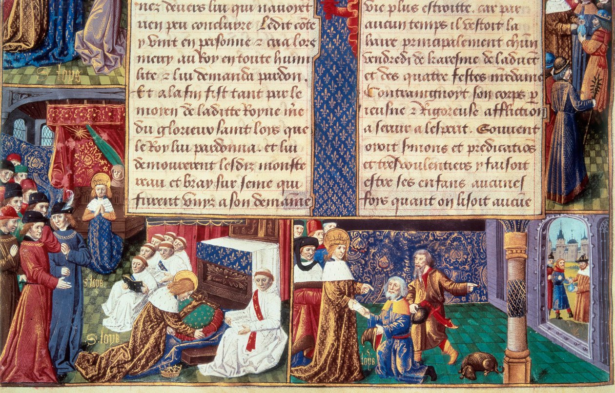 Křesťanské ctnosti (jako zbožnost a oddanost) krále Ludvíka IX. (1214-1270) (Svatý Ludvík): nalevo král objímá krucifix, napravo přijímá Starou horu. Miniatura z rukopisu „Kniha faktů Monsignore Saint Louis““ 15t od Unknown artist