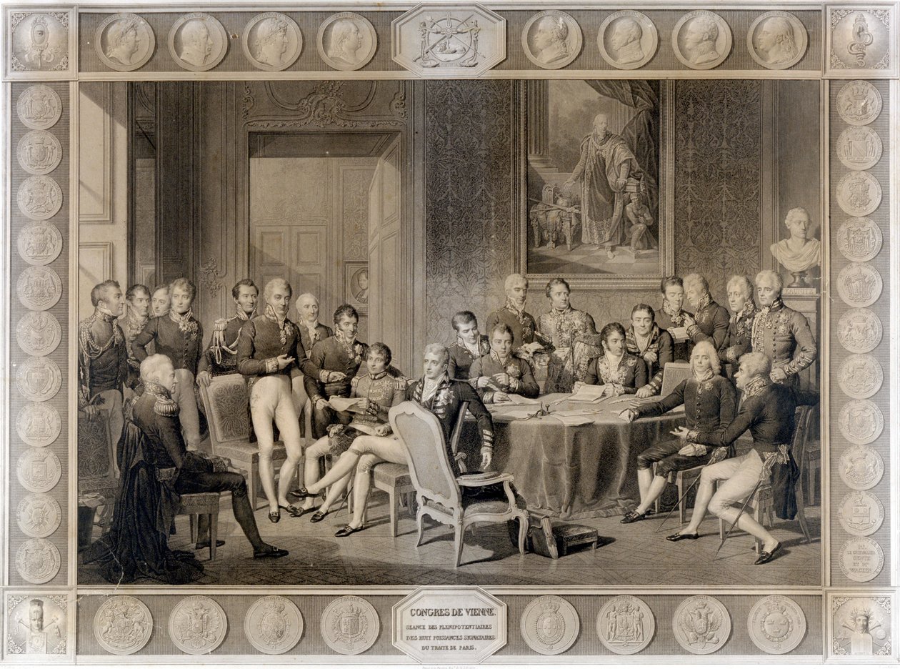 Vídeňský kongres. Vídeňský kongres v roce 1815. Alexandr I., car; H.R.Stewart, Castlereagh; Francois I., císař rakouský; Frederic William III, král pruský; Karl August, princ z Hardenberghu; Wilhelm von Humboldt (William z Humboldtu od Unknown artist