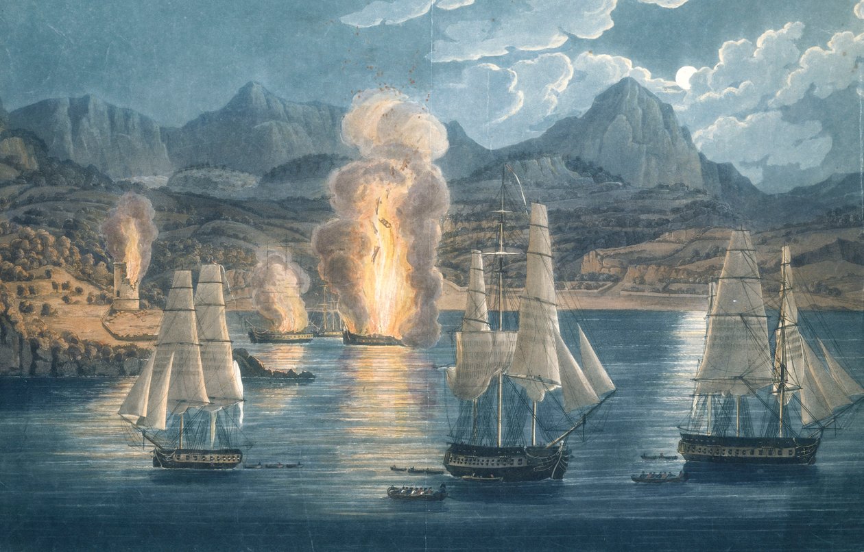 Angličané ničí francouzské lodě v zátoce Sagone na Korsice 30. dubna 1811 (kolorovaná akvatinta) od Unknown artist