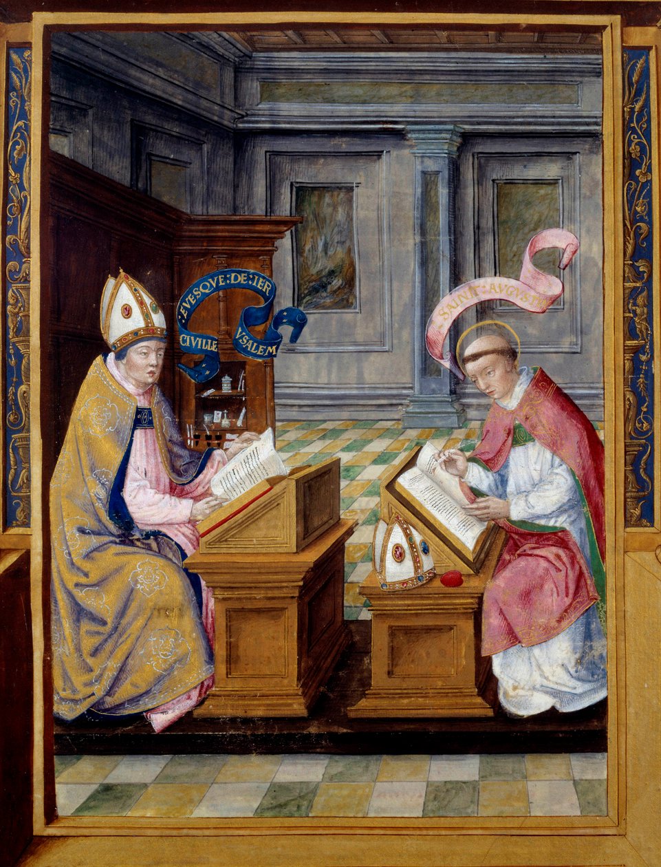 Předvečer Jeruzaléma Svatý Cyril (315-386) a Saint Augustine (354-430) Miniatura na pergamenu z 16. století. Ecouen, Národní muzeum renesance od Unknown artist