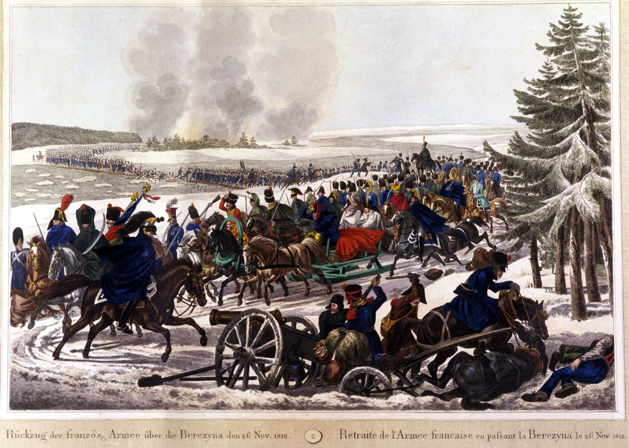 Francouzské jednotky se stáhly průchodem přes Beresinu (Berezina) 26.11.1812. Rytina 19. století. od Unknown artist
