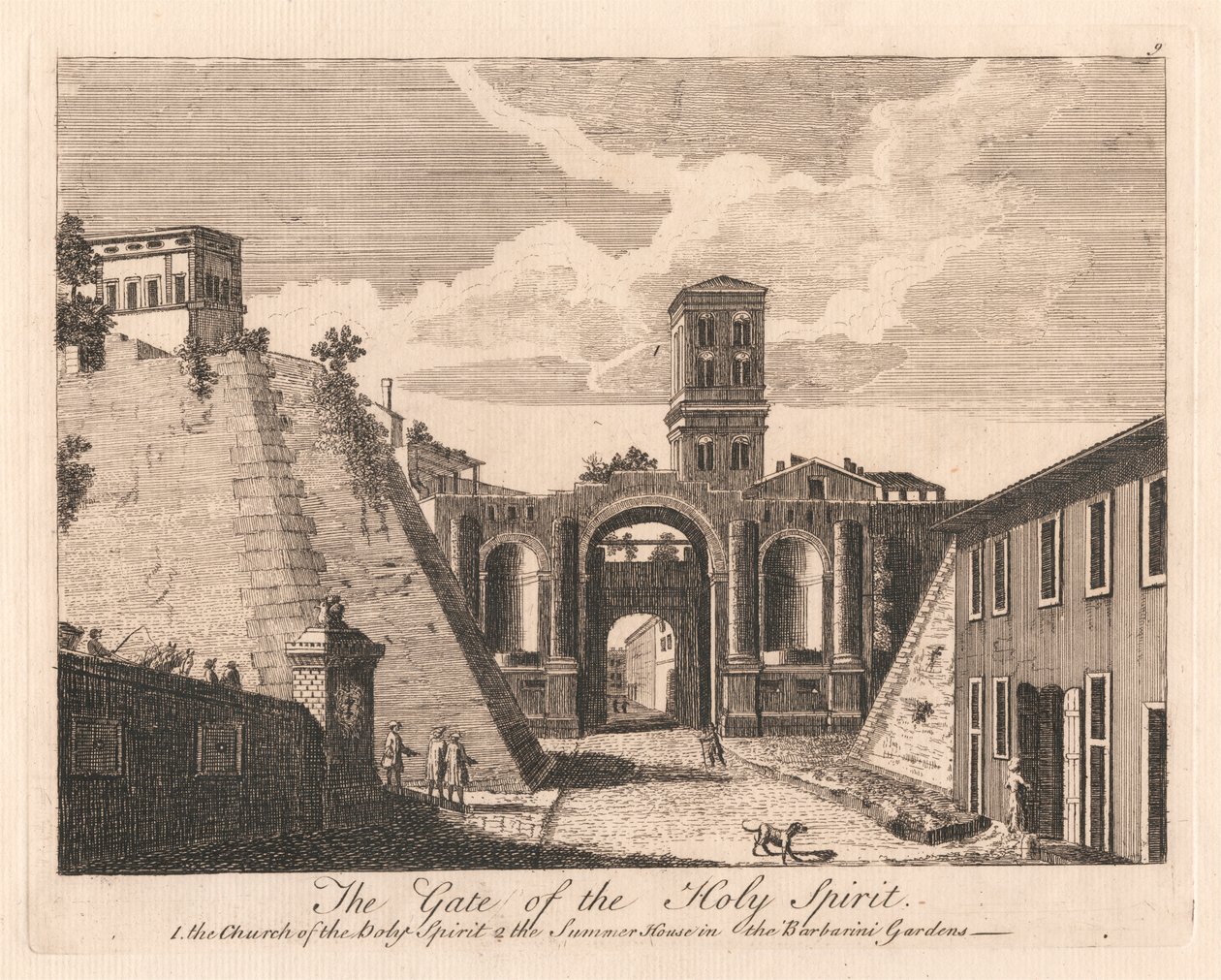 Brána Ducha svatého: 1. kostel sv. Ducha 2. letohrádek v zahradách Barbarini od Unknown artist