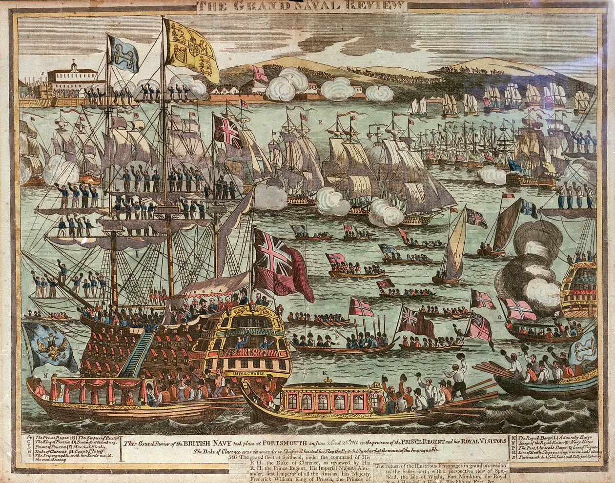 Velký námořní přehled. Velká přehlídka britského námořnictva se konala v Portsmouthu 24. a 25. června 1814 za přítomnosti prince regenta a jeho královských návštěvníků, asi 1814 (kolorovaný lept) od Unknown artist