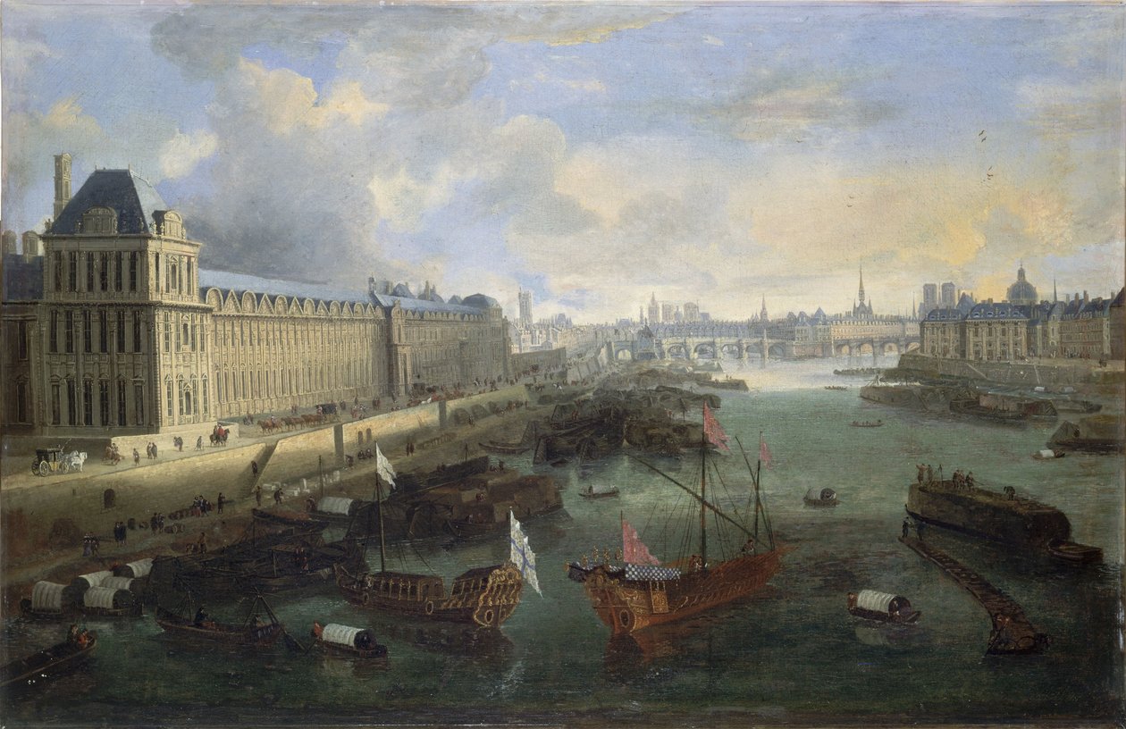 Velká galerie Louvru, Pont-Neuf, Cité, Collège des Quatres-Nations, asi 1670 Na Seině, královská galéra, mezi lety 1670 a 1685 (olej na plátně) od Unknown artist