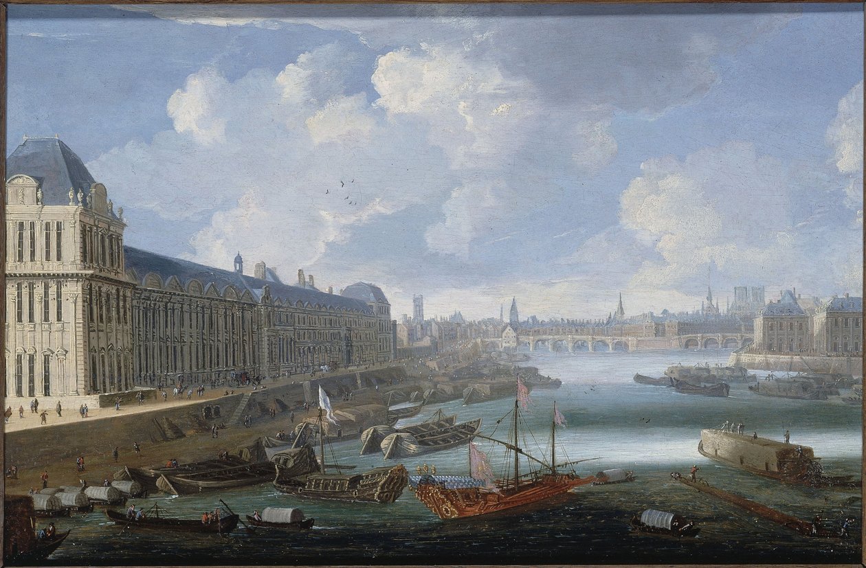 Velká galerie Louvru, Pont-Neuf, Cité, Collège des Quatres-Nations, asi 1670 Na Seině, královská galéra, mezi lety 1670 a 1685 (olej na dřevě) od Unknown artist