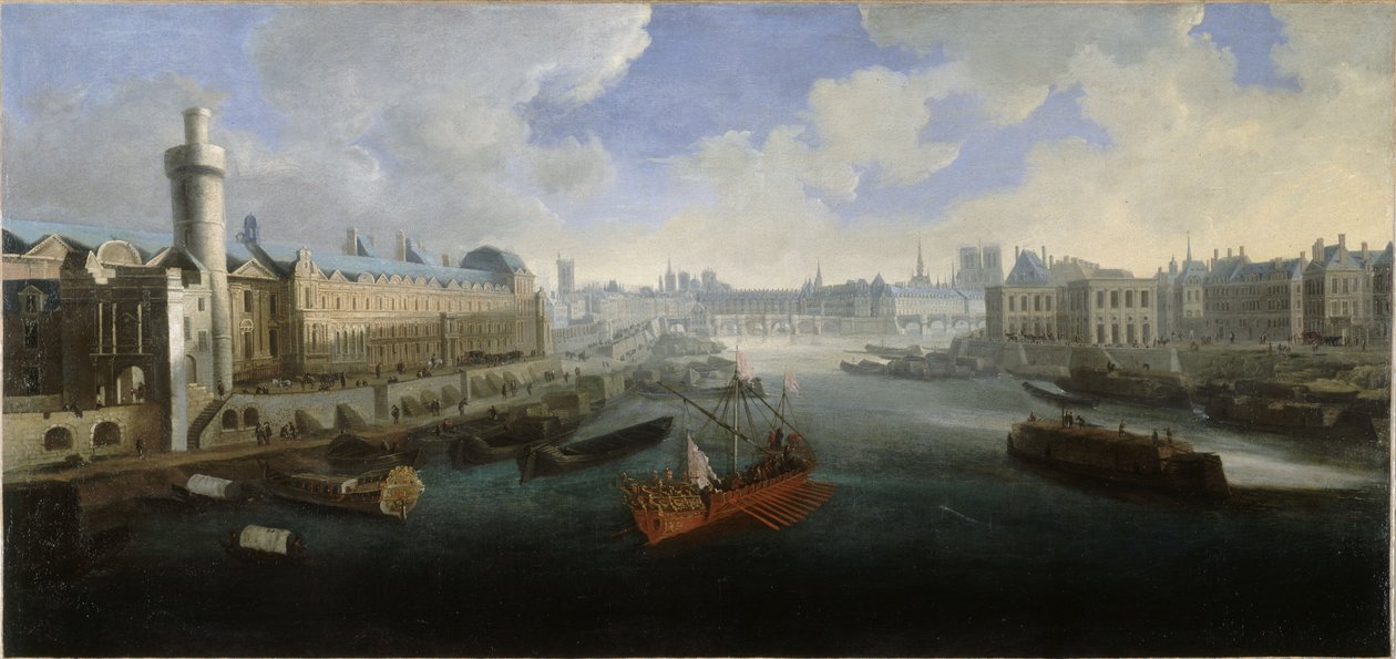 Velká galerie Louvru, Porte Neuve, Pont-Neuf, Cité, rozestavěná Collège des Quatres-Nations a Quai Malaquais, kolem roku 1665. Na Seině, královská galéra, mezi lety 1660 a 1670 (olej na plátně) od Unknown artist