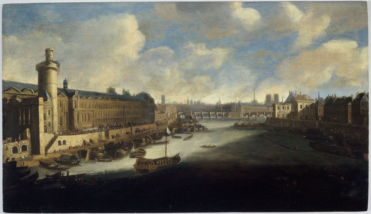 Velká galerie Louvru, Porte Neuve, Pont-Neuf, Cité, rozestavěná Collège des Quatres-Nations a Quai Malaquais, kolem roku 1665. Na Seině, královská galéra, mezi lety 1660 a 1670 (olej na dřevě) od Unknown artist