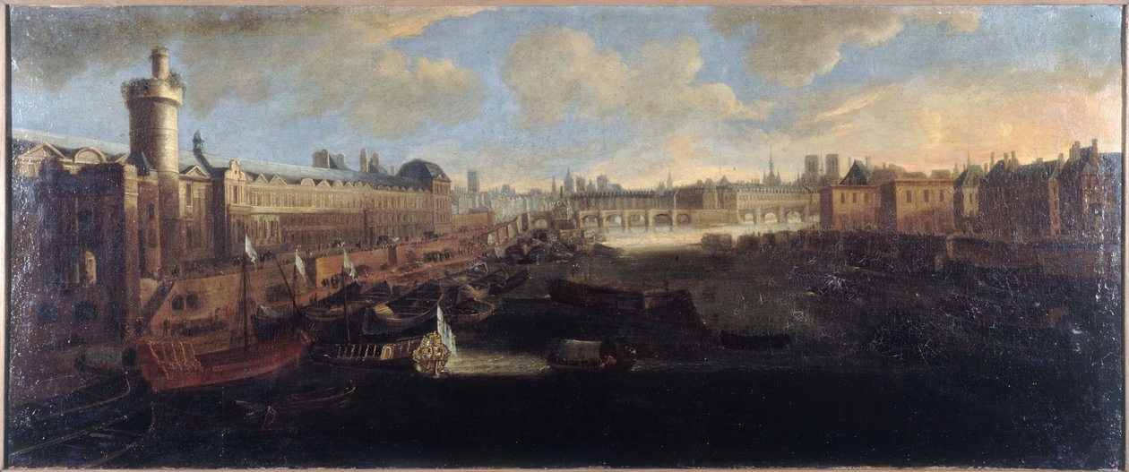 Velká galerie Louvru s Porte Neuve, Pont-Neuf, Cité, rozestavěnou Collège des Quatres-Nations a Quai Malaquais, kolem roku 1665, na Seině královská galéra, dnešní 1. a 6. obvod, mezi lety 1660 a 1660. od Unknown artist