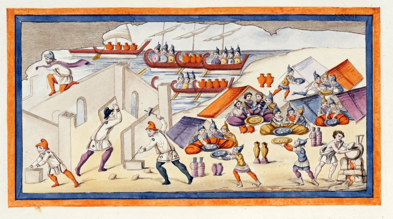 Řekové začali kopat hráz na ochranu svých kasáren a lodí. Ilias. Píseň VII. Rytina z konce 18. století. od Unknown artist
