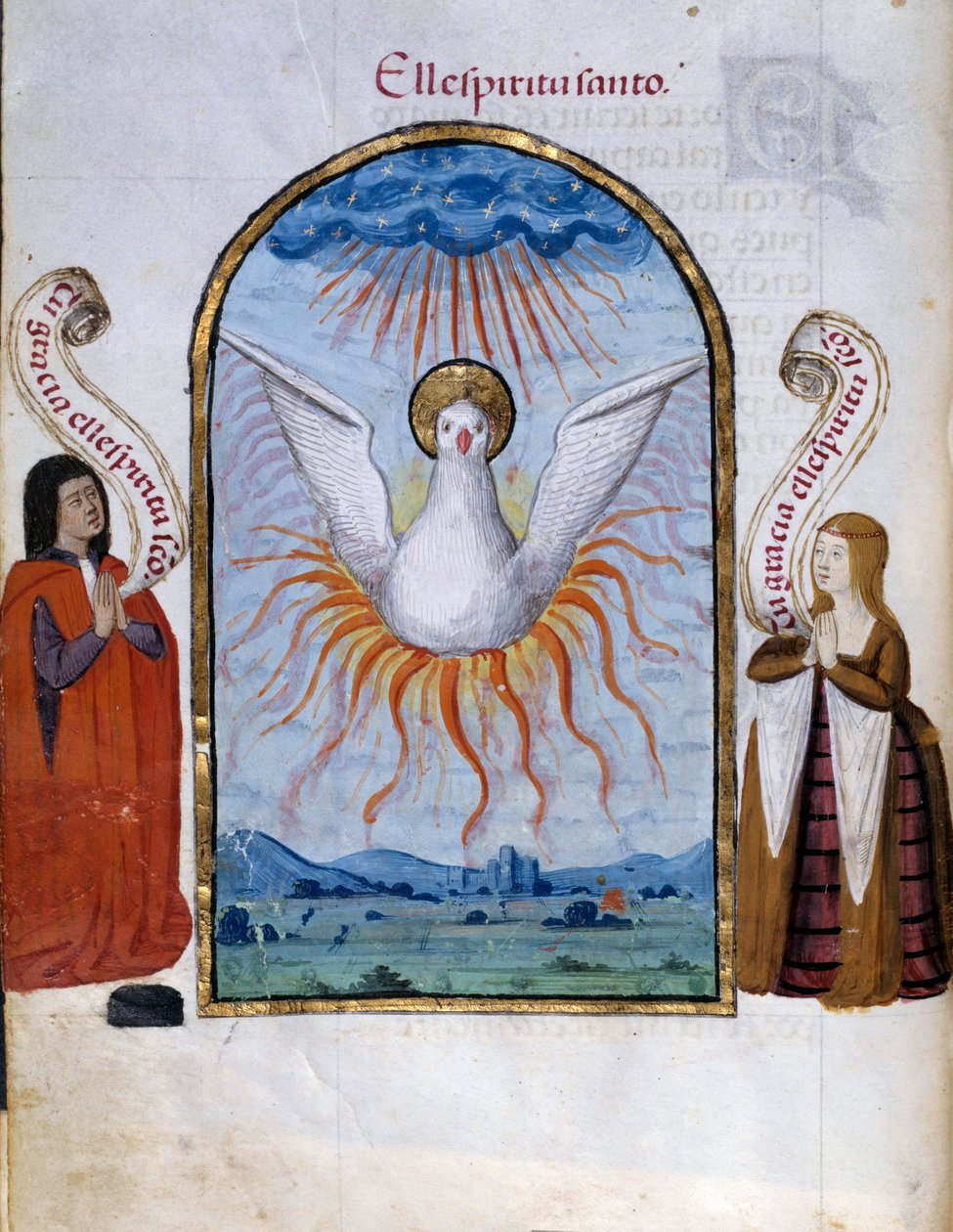 Stránka Rukopis Svatého Ducha převzata ze „Sbírky oddanosti královny Joan the Folle (1479-1555) Španělska““ od Pedra Marcuella („“Oddanost královny Da Juana, které říkali šílená“), Slunce 15. století. ... 0,21x0,14 m Chantilly, Museum Cond od Unknown artist