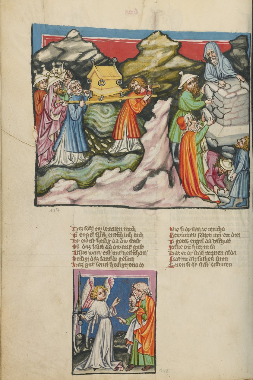 Izraelité s archou úmluvy v řece Jordánu; vztyčení dvanácti pamětních kamenů; zjevení anděla Jozuovi. od Unknown artist
