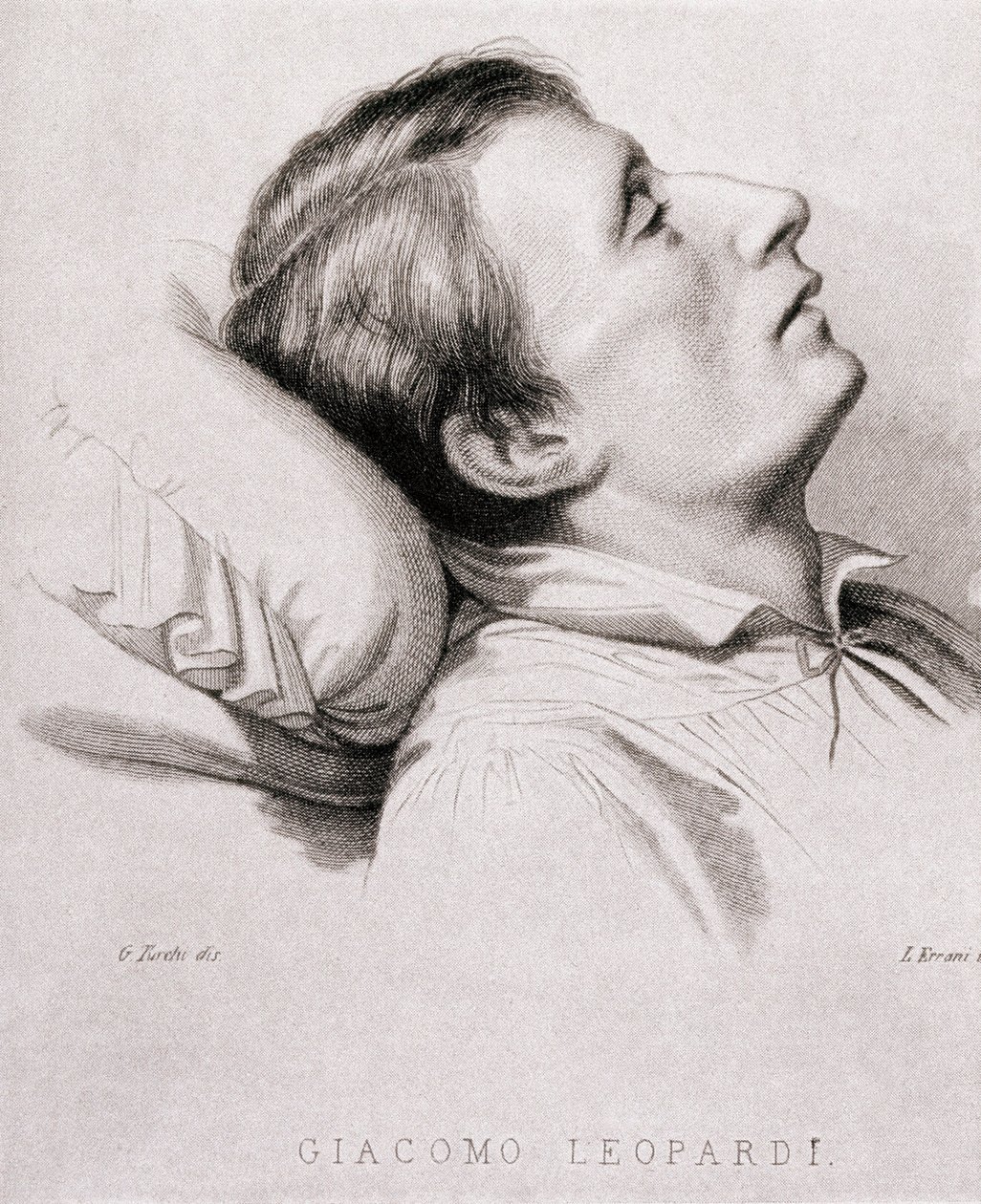 Italský básník Giacomo Leopardi (1798-1837) na smrtelné posteli. Rytina 19. století od Unknown artist
