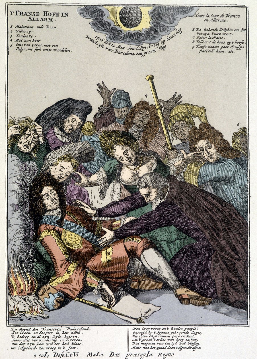 Král omdlel a dvořané ho obklopili, truchlili: výsměch na klopách Ludvíka XIV v Nizozemsku a Itálii v roce 1706 od Unknown artist