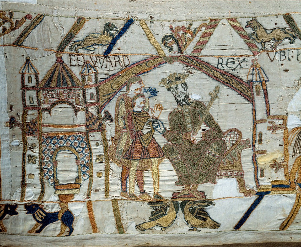 Anglický král Edward Vyznavač instruuje Harolda, aby šel a potvrdil vévodovi z Normandie Williamu Dobyvateli (1027-1087), že bude jeho nástupcem na anglický trůn Detail tapiserie z Bayeux nebo výšivky královny Mathildy od Unknown artist